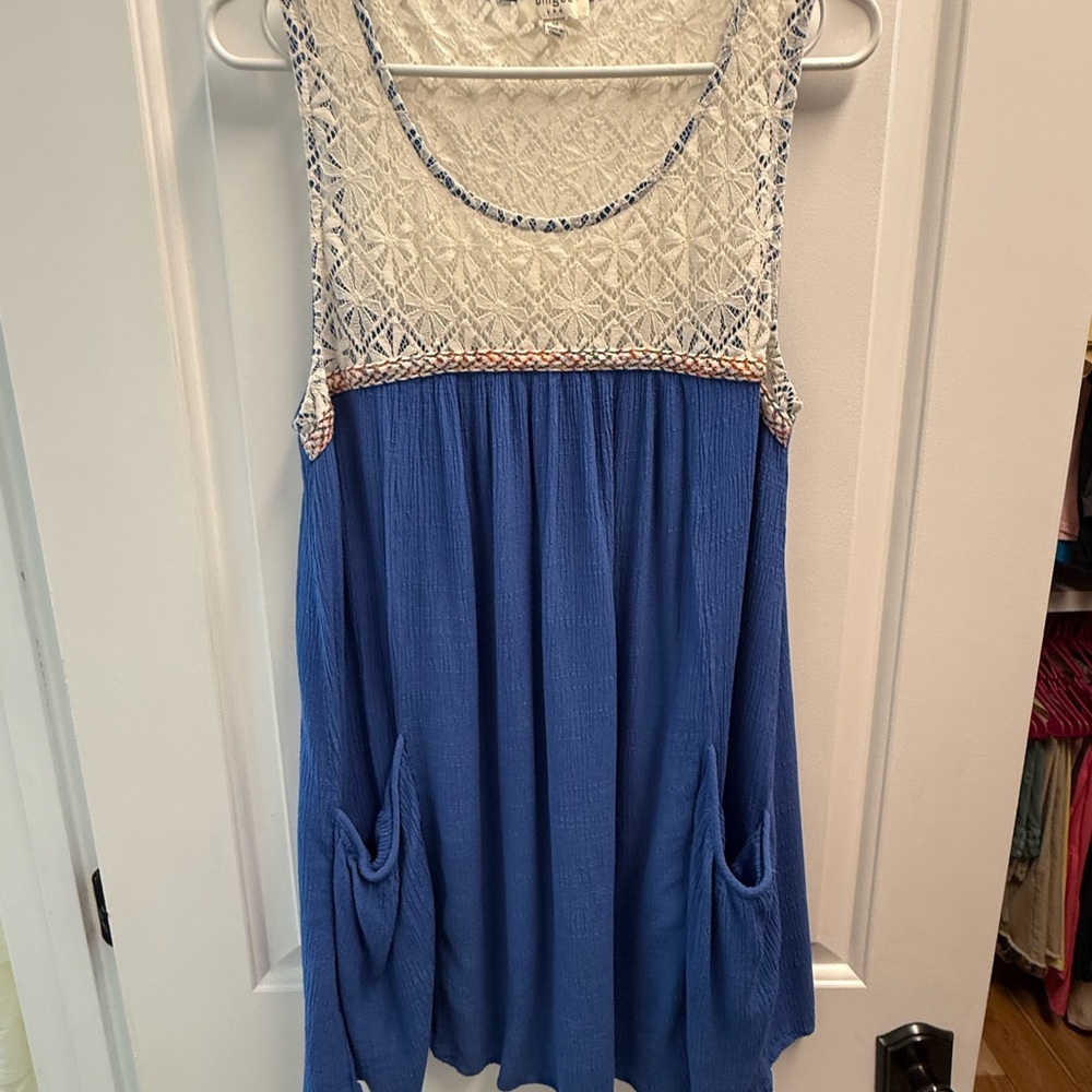 Umgee Blue and Cream Crochet Yoke Mini Dress